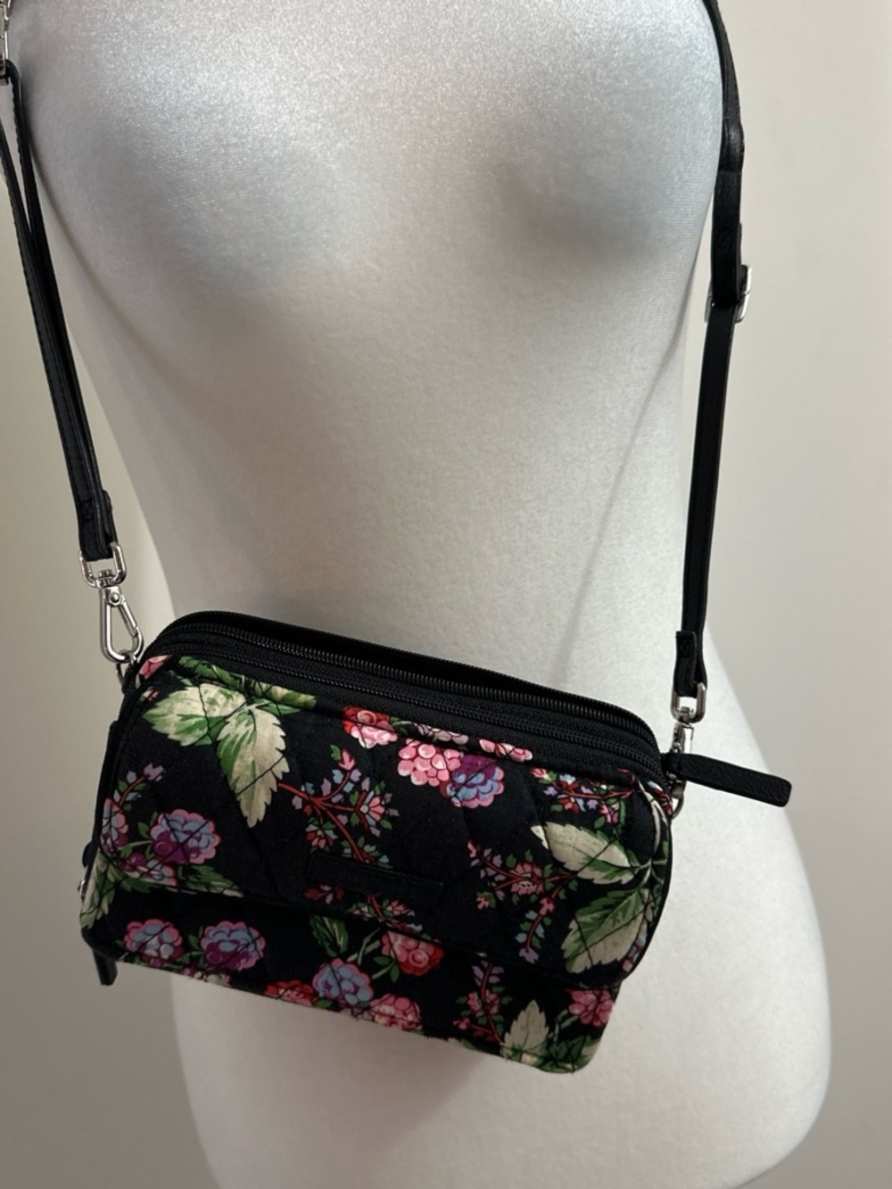 Vera Bradley Black Floral Crossbody with Pink & Green Accents